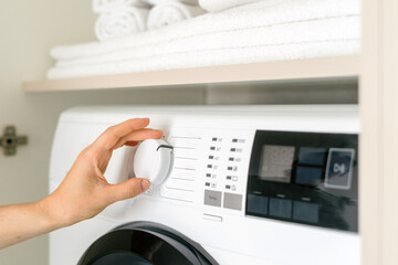 Adjusting settings on an automatic washing machine in a modern laundry room