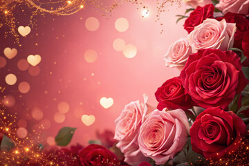 A Vibrant Red And Pink Background With A Frame Of Glowing Roses In Rich Red And Soft Pink Tones, Soft Light Bokeh Effect, Golden Sparkles Scattered Throughout, And A Romantic, Festive Atmosphere 