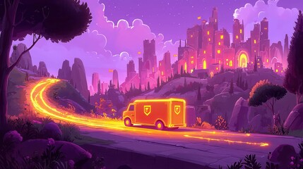 A vibrant animated scene featuring a glowing truck driving through a mystical landscape towards a beautifully lit city at dusk.