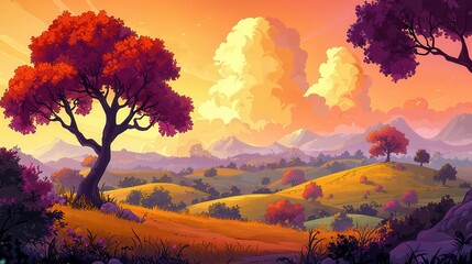 A vibrant sunset landscape with lush green hills and colorful trees, showcasing the beauty of nature.