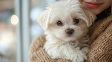 health care pet concept of a cute Maltese dog held by his owner waiting for medical exam at veterinary hospital.