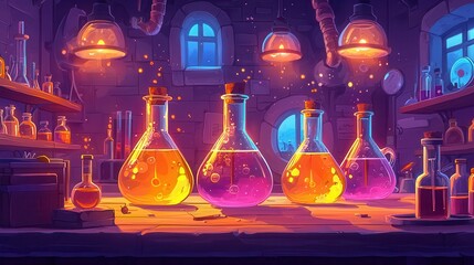 A colorful array of laboratory glassware filled with glowing potions in a mystical lab setting.