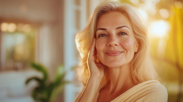 Mature, Mid-Age Blonde Woman in Sweater Smiling and Touching Her Face, Reflecting Self-Care, Skin Care, Calm, and Positive Aging in Her 40s, 50s, 60s at Home, Beige Tones, Natural Beauty at Menopause.