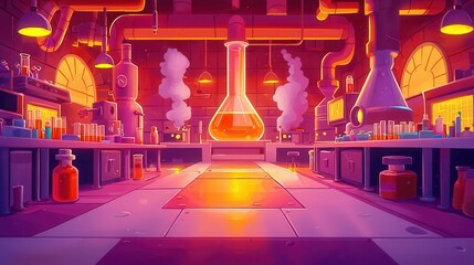A vibrant, animated laboratory scene showcasing colorful chemical experiments in a cartoon style.