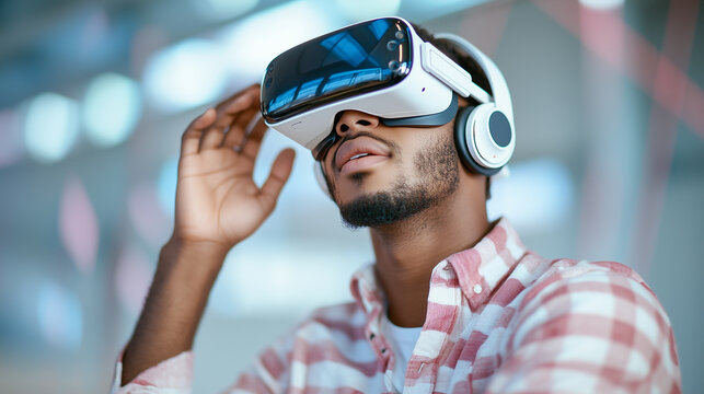 Black, African American Man Using VR Headset, Immersive Virtual Reality Experience, Gaming and Technology Innovation.