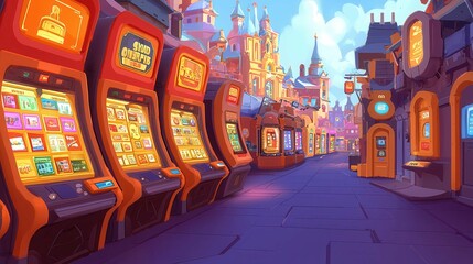 A vibrant, animated street full of colorful vending machines and a fantasy-style background similar to European architecture.