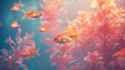 Goldfish Swimming in Aquarium, Vibrant Orange Tropical Fish in Water, Aquatic Life in Fishbowl or Tank.