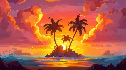 A vibrant sunset scene over an island with palm trees, showcasing tropical beauty and warm colors.