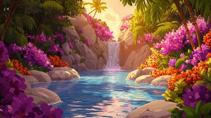 A vibrant tropical landscape featuring a waterfall surrounded by colorful flowers and lush greenery.