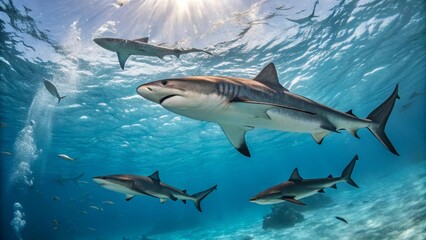 Fototapeta premium A group of sharks swimming gracefully in the crystal clear waters of the bahamas underwater photography exploration
