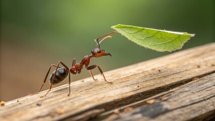 Ant carrying leaf on wooden surface nature scene close-up photography outdoor macro concept