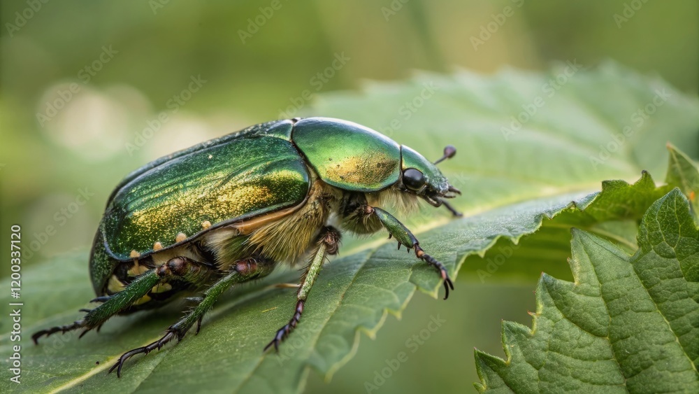 Wall mural Emerald green beetle crawling on leaf nature reserve macro photography natural habitat close-up insect behavior