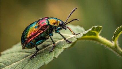 Fototapeta premium Colorful beetle crawling on green leaf nature close-up photography outdoor setting macro view insect beauty