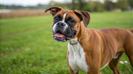 Fototapeta premium Boxer dog playtime in a lush garden adorable canine moments captured outdoors