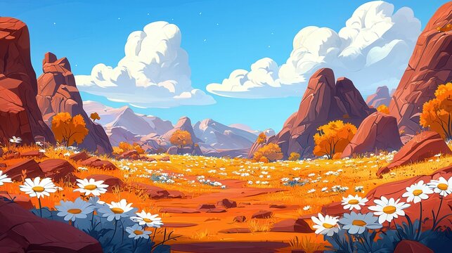 A vibrant landscape featuring rolling hills, colorful flowers, and dramatic clouds in a serene environment.