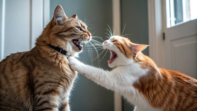 Feline confrontation cats biting each other in a cozy home environment captured moment for pet lovers