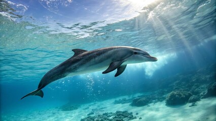 Obraz premium Dolphin swimming gracefully in coral reef underwater scene ocean environment vibrant blue water