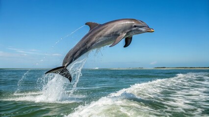 Fototapeta premium Dolphin leaping over waves coastal waters wildlife photography marine environment close-up view ocean conservation