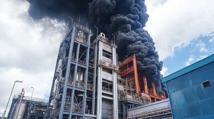 Industrial plant fire, smoke plume, emergency, disaster, safety