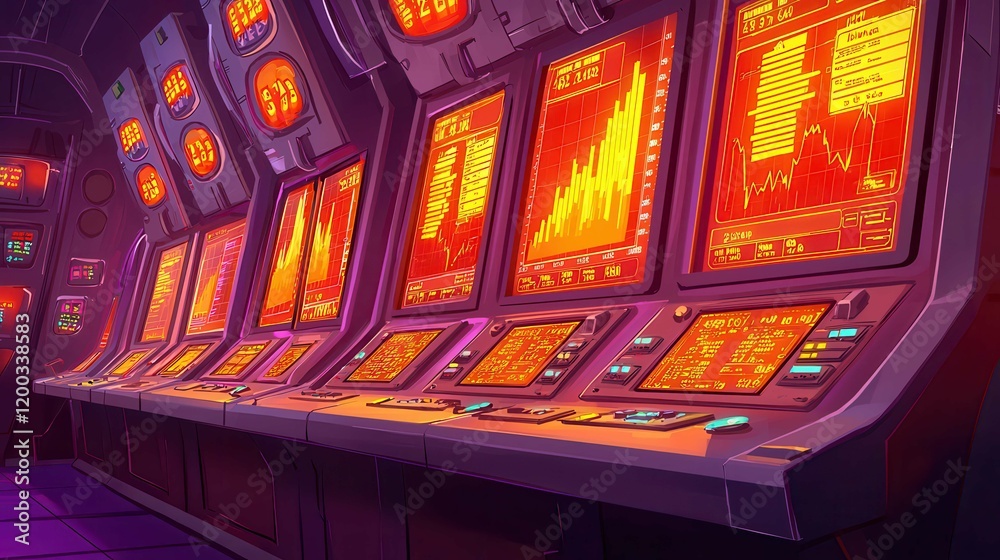 Poster futuristic control room displaying screens with data and graphics in a vibrant orange and red color 