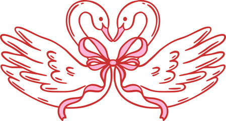 Two swans forming heart shape with pink ribbon bow. Cute hand drawn vector illustration for Valentine's Day. Love, romance, and wedding concept.