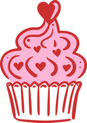 Cupcake with heart shaped decoration and pink frosting. Cute hand drawn simple dessert. Vector illustration for Valentine's Day