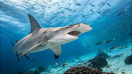 Fototapeta premium Exploring hammerhead sharks underwater encounter coral reef wildlife photography ocean environment close-up view marine life
