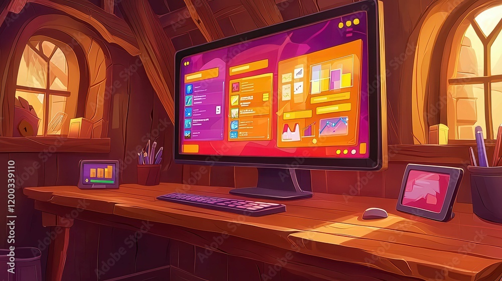 Poster a cozy workspace with a warm background featuring a computer display showing various apps and analyt