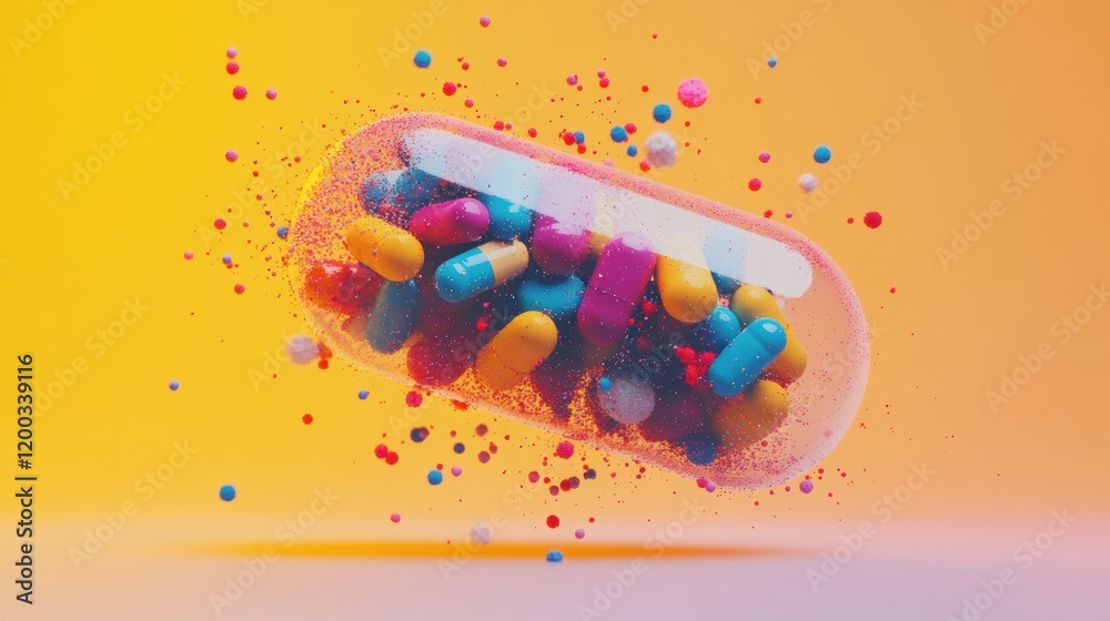 Aufkleber Colorful capsule bursts open spilling vibrant particles creating a striking visual display. Generative AI