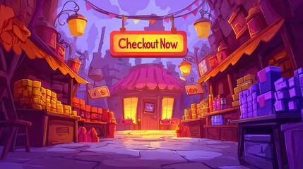 Obraz premium A colorful marketplace with various stalls and a bright checkout sign in a fantasy setting.