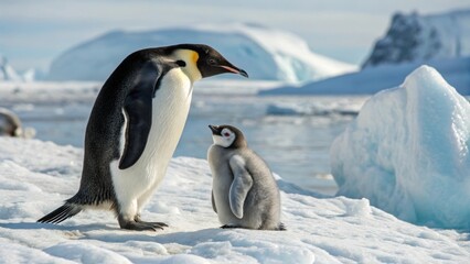 Fototapeta premium Mother penguin nurturing baby in icy habitat wildlife photography antarctica winter wonderland