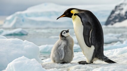 Obraz premium Tender bonding moment mother penguin nurturing baby in icy antarctic landscape wildlife photography serene environment close-up view parental care
