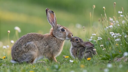 Fototapeta premium Mother rabbit nurturing her young in a lush meadow nature photography serene environment close-up view animal bonding