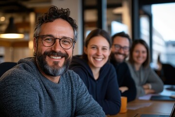 A cheerful group of four colleagues smiles at the camera in an office meeting, conveying teamwork and camaraderie in a contemporary work environment.