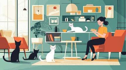 Fototapeta premium Pet Sitter Feeding Cats in Modern Apartment