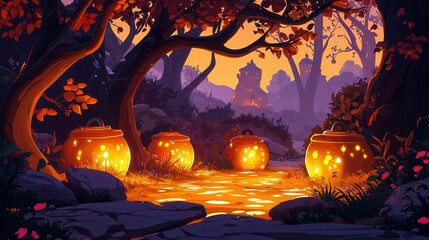 Magical forest scene with glowing pots surrounded by trees and foliage at twilight.