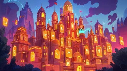 Fototapeta premium A vibrant fantasy cityscape featuring ornate buildings and glowing icons, set against a colorful twilight sky.