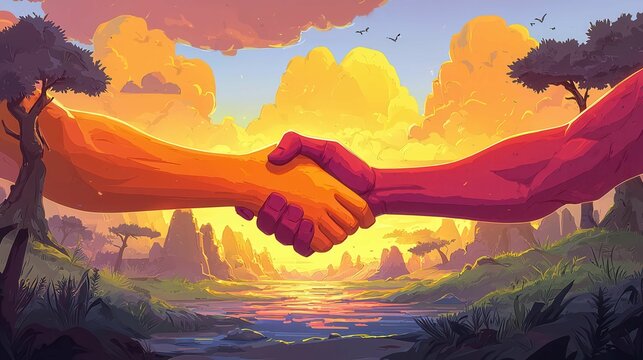 Two diverse hands shake in a vibrant sunset landscape, symbolizing unity and collaboration.