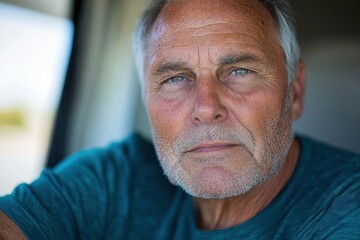 Fototapeta premium A close-up image of an elderly man's face showcases his thoughtful expression, characterized by deep wrinkles and intense blue eyes, evoking a sense of wisdom and experience in life.