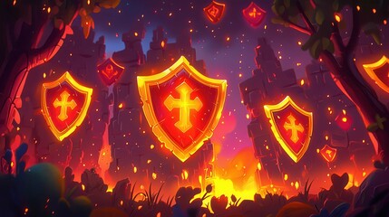 A vibrant fantasy landscape featuring glowing shields with crosses amidst ruins and a magical background.