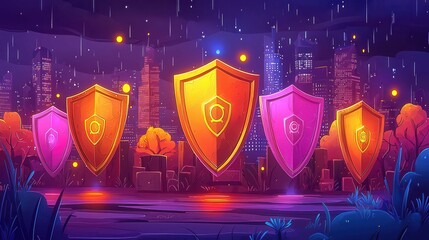 A vibrant cityscape at night featuring colorful shields in a rainy atmosphere, highlighting a modern urban environment.