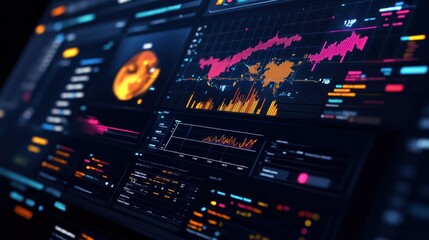 Futuristic digital dashboard displaying financial data and graphs.