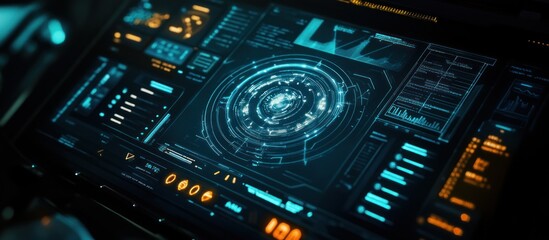 Futuristic digital interface with glowing HUD and data visualizations.