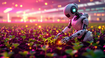 Futuristic AI-Powered Agricultural Robot Planting Seeds in High-Tech Farm 