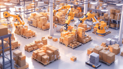 Futuristic AI-Driven Warehouse with Robotic Arms Sorting Packages 