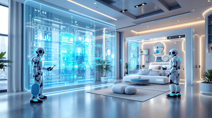 Futuristic AI-Powered Smart Home System with Holographic Control Panels 