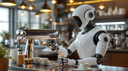 Humanoid AI Robot Barista Making Coffee in Futuristic Cafe 