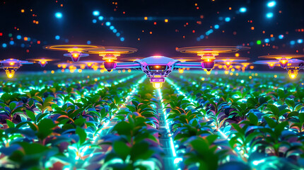 AI Drones Monitoring Crops in Futuristic Farm with Glowing Sensors 
