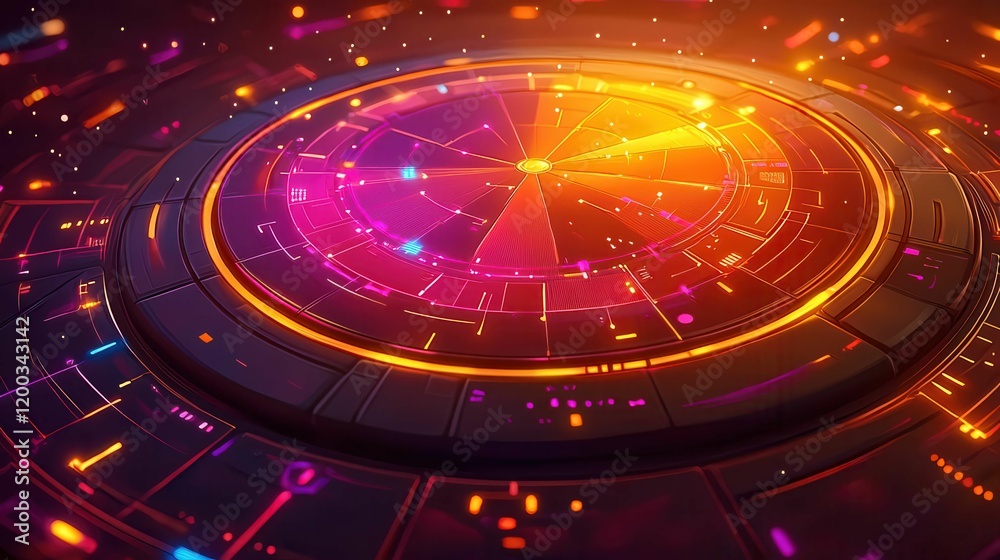 Poster a vibrant digital interface with circular patterns and glowing elements in a cosmic theme.