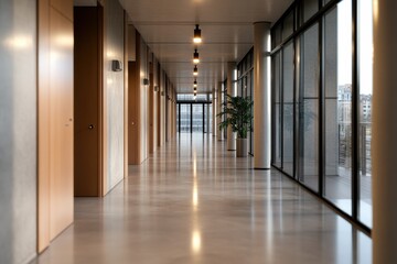 Fototapeta premium A modern hospital hallway illuminated by natural light, featuring sleek design elements that create an inviting and uplifting atmosphere for patients and visitors alike.